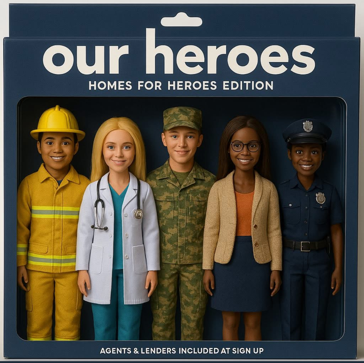 Group of community members serving heroes in real estate—teacher, nurse, firefighter, police officer, and military member—posing in Barbie-style display boxes for Homes for Heroes campaign